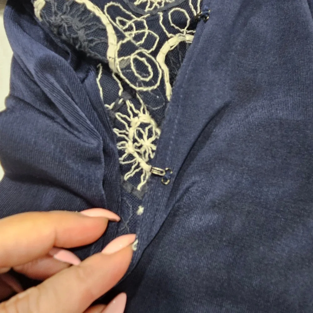 Navy Blue Embroidered Mesh Front Hook‎ and Eye Cardigan Long Sleeve V-Neck